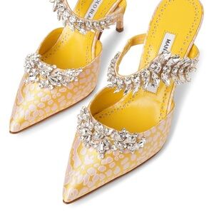 Manolo Blahnik Lurum Crystal Mule Leopard Jacquard Pink Yellow Wedding Shoes